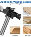 Spoilboard Surfacing Router Bit, One Quarter Inch Shank, Four Teeth, Extra Large One And One Half Inch Cutting Diameter, shown with solid wood, MDF, plywood, particleboard applications