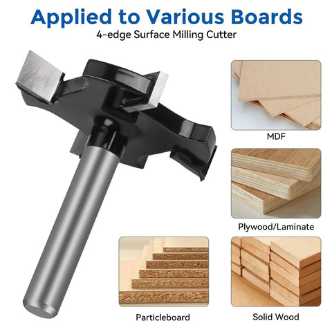 Spoilboard Surfacing Router Bit, One Quarter Inch Shank, Four Teeth, Extra Large One And One Half Inch Cutting Diameter, shown with solid wood, MDF, plywood, particleboard applications