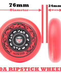 76mm 90A Ripsurf Wheels Set For RipStik DLX Caster Board With ABEC9 Bearings showing red design and dimensions