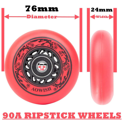 76mm 90A Ripsurf Wheels Set For RipStik DLX Caster Board With ABEC9 Bearings showing red design and dimensions