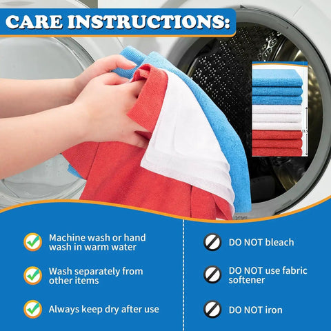 Care instructions for 12 Pack Microfiber Cleaning Cloths For Cars And Home, Lint Free No Cap Streak Free Towels, Scratch Free Cleaning Rags