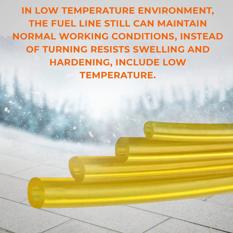 Close-up of yellow fuel line hoses emphasized for low temperature use in Four Size Fuel Line Hose Kit For 2 Cycle Small Engines Fits Trimmers Blowers Chainsaws And Lawn Mowers Includes Four Common Id And Od Sizes With Four Feet Of Fuel Line For Easy Replacement And Wide Compatibility Budget Friendly.