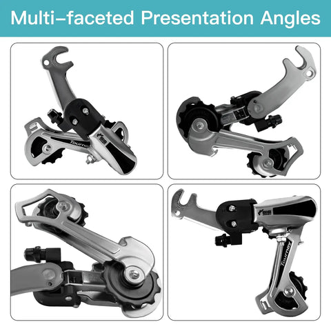 Multiple angles of the 6/7 Speed Derailleur Hanger Mount for mountain tricycle, commuter, cruiser bikes in silver aluminum alloy