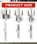 Product size details for Judelvei 3 Piece Pipe Threader Kit For PVC Plastic Pipes, showing various hex shank cutter dimensions.