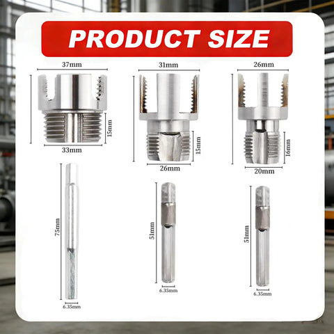 Product size details for Judelvei 3 Piece Pipe Threader Kit For PVC Plastic Pipes, showing various hex shank cutter dimensions.