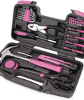 Pink 39 Piece All Purpose Household Tool Kit Set For Women With Compact Toolbox including hammer, pliers, and essentials.