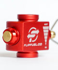 Close-up of red Fuel Transfer Kit For Backpacking And Camping With Flow Control Valve And Integrated Pressure Vent Adapter