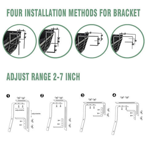 Diagram showing four installation methods for adjustable brackets for 2 Pack 24 Inch Window Boxes Planter For Outdoor Plants.
