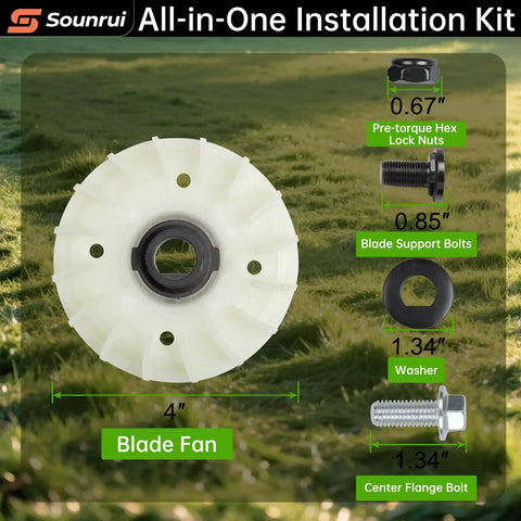 Components of Built Tough Mower Blade Bolt And Fan Hardware Kit For 21 Inch Lawn Mowers displayed on grass background.