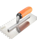 Squared Notch Tile And Flooring Trowel Pro Grade Stainless Steel with ergonomic rubber grip, 11x4.75 inch blade, 1/4 inch notch.