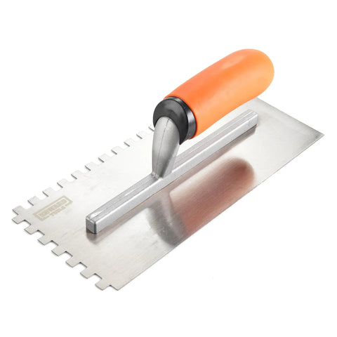 Squared Notch Tile And Flooring Trowel Pro Grade Stainless Steel with ergonomic rubber grip, 11x4.75 inch blade, 1/4 inch notch.