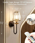 Black And Gold Crystal Wireless Rechargeable Wall Sconces Set Of Two Remote Dimmable 3Cct showing dimensions and remote control.