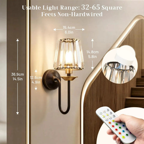 Black And Gold Crystal Wireless Rechargeable Wall Sconces Set Of Two Remote Dimmable 3Cct showing dimensions and remote control.