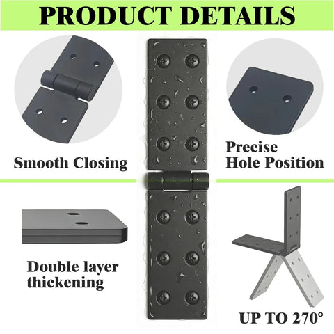 Tough As Nails Heavy Duty Gate Hinges 4 Pack features smooth closing, double layer thickness, and precise hole position for 270 degree swing.