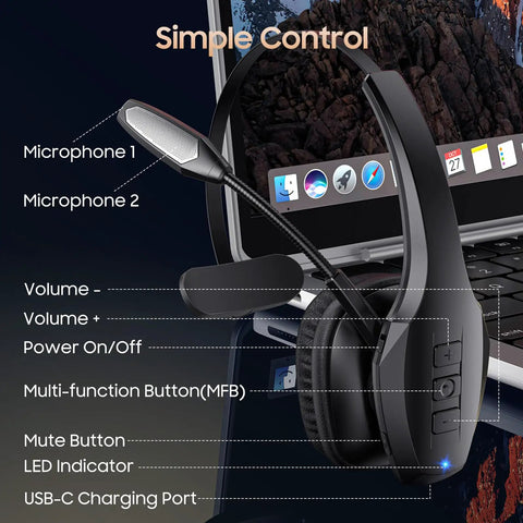Trucker Bluetooth Headset With Dual Noise Canceling Microphone And Mute Button Features 55 Hour Battery Life For Truck Drivers