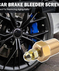 Heavy Duty Four Piece Brake Bleeder Screw Kit With NPT Copper Bases To Pump Back That Pedal Feel And Restore Snappy Stopping Power For Slick Daily Driving Repairs, showing a close-up of a brake bleeder screw near a car wheel.