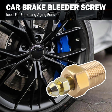 Heavy Duty Four Piece Brake Bleeder Screw Kit With NPT Copper Bases To Pump Back That Pedal Feel And Restore Snappy Stopping Power For Slick Daily Driving Repairs, showing a close-up of a brake bleeder screw near a car wheel.