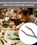 Watch Spring Bar Tweezers And Pliers Tool For Quick Strap Tweaks, Link Removal, And Bracelet Repair in a watchmaker's workshop.