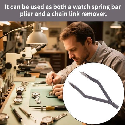 Watch Spring Bar Tweezers And Pliers Tool For Quick Strap Tweaks, Link Removal, And Bracelet Repair in a watchmaker's workshop.