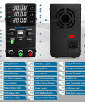 Front and back view of Pro-Grade DC Power Supply 0-32V 0-10A Adjustable Bench Regulated Switching Unit with features labeled.