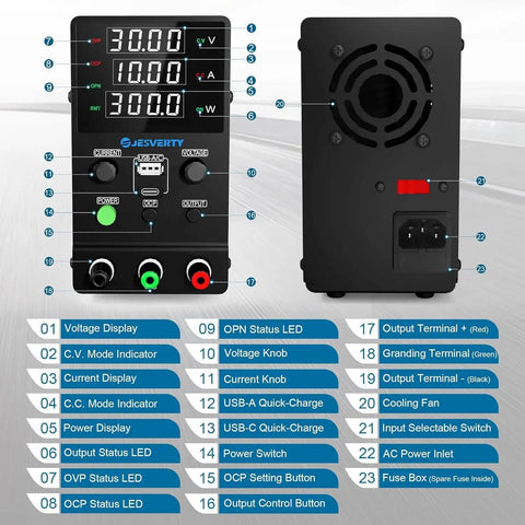 Front and back view of Pro-Grade DC Power Supply 0-32V 0-10A Adjustable Bench Regulated Switching Unit with features labeled.