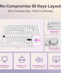 Image showcasing Compact 60 Percent Tactical Mechanical Gaming Keyboard Featuring Slick Cnc Aluminum Volume Knob And Snappy Wired Connection For Tight Desk Layouts And Game Changer Typing Flex, 66 keys layout.