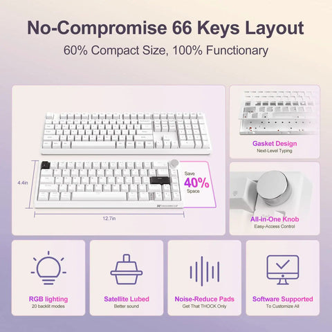 Image showcasing Compact 60 Percent Tactical Mechanical Gaming Keyboard Featuring Slick Cnc Aluminum Volume Knob And Snappy Wired Connection For Tight Desk Layouts And Game Changer Typing Flex, 66 keys layout.