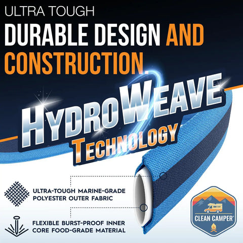 RV Fresh Water Drinking Hose 35 Feet With Kink Free Design displaying HydroWeave technology and durable construction details.