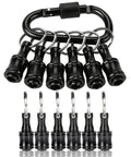 Set of black One Quarter Inch Hex Shank Bit Holder Extension Bar Keychain Screw Adapter for Handheld Screwdrivers arranged on a keyring