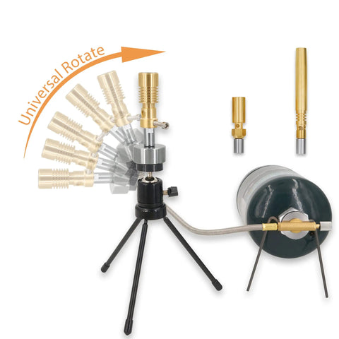 Go-To Universal Propane Bunsen Burner For Lab Jewelry Glass Blowing And Welding With Fixed Angle Head, Three Flame Styles shown
