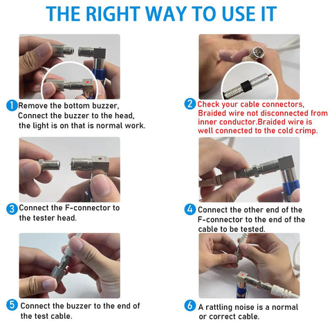 Step-by-step guide for using Coax Cable Finder Kit Pocket Toner And Continuity Tracer with Light and Buzzer.