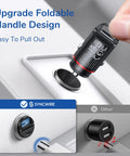 Slick All Metal Usb C Car Charger 60W Dual Pd Qc Port being easily pulled from dashboard socket, showcasing foldable handle design.