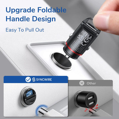 Slick All Metal Usb C Car Charger 60W Dual Pd Qc Port being easily pulled from dashboard socket, showcasing foldable handle design.