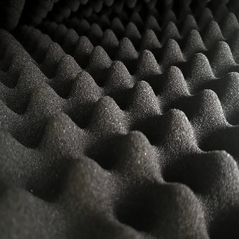 Close-up of Egg Crate Acoustic Foam Panel 48 By 24 By 2 Inches Black Dope Soundproof Studio Foam, highlighting egg crate texture.