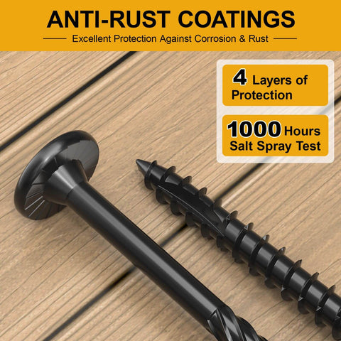 Close-up of 14 x 5 Wood Structural Lag Screws 108 Pieces Beefy Star Drive Decking Screws showing anti-rust coating and threading.