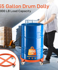 Heavy Duty 55 Gallon Drum Dolly Cart With 1000 Lbs Beast Mode Capacity Non Tipping Hand Truck transporting a blue barrel.