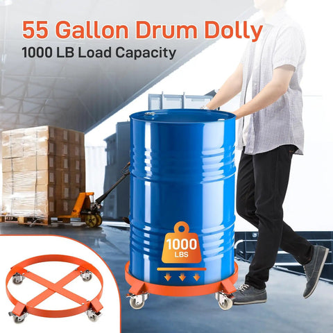 Heavy Duty 55 Gallon Drum Dolly Cart With 1000 Lbs Beast Mode Capacity Non Tipping Hand Truck transporting a blue barrel.