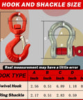 Heavy Duty 2 Ton Swivel Hooks With D Ring Shackle And 0.5 Inch Shackle, G80 Rated Lifting Hooks, 4,400 Lbs Safe Load Limit, Alloy Steel Round Rotating Trailer Chain Hooks size chart