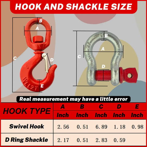 Heavy Duty 2 Ton Swivel Hooks With D Ring Shackle And 0.5 Inch Shackle, G80 Rated Lifting Hooks, 4,400 Lbs Safe Load Limit, Alloy Steel Round Rotating Trailer Chain Hooks size chart