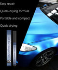 Three Pack Car Scratch Remover Pen Kit For All Cars shown with a blue car, highlighting easy repair, quick-drying formula