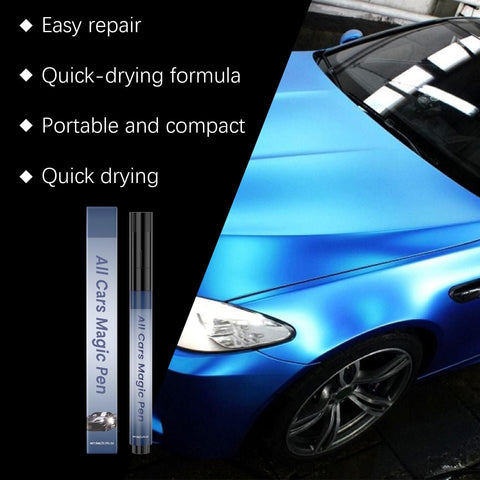 Three Pack Car Scratch Remover Pen Kit For All Cars shown with a blue car, highlighting easy repair, quick-drying formula