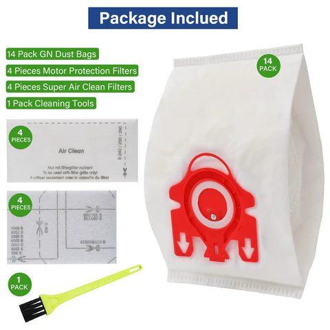 14 Packs 3D Airclean Replacement Bags For FJM Vacuum Cleaners with filters and brush shown in packaging.