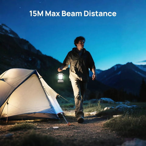 Person holding Mini Dual LED Lantern With Retro Vibe, Battery Powered Lamp, near camping tent in mountains at night