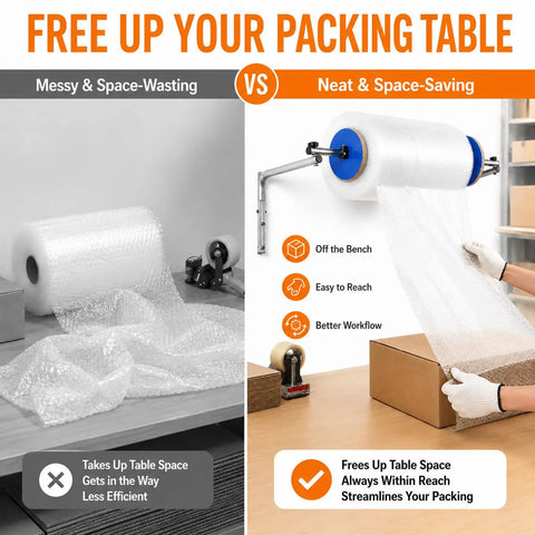 Comparison of packing spaces showing Heavy Duty Wall Mount Bubble Wrap Dispenser Rock Solid Galvanized Steel Bubble Cushioning Roll Holder.