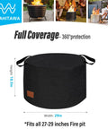 Beefy 29 Inch Fire Pit Cover For Yukon Round Outdoor Pit Shelter, Weatherproof Shield Fights Rain Dust And Snow, Heavy Duty Protective Cover For Patio Fire Pit, 29 Diameter, black material with handles on white background.