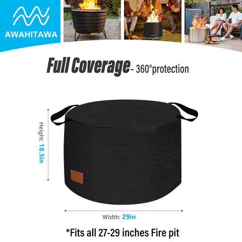 Beefy 29 Inch Fire Pit Cover For Yukon Round Outdoor Pit Shelter, Weatherproof Shield Fights Rain Dust And Snow, Heavy Duty Protective Cover For Patio Fire Pit, 29 Diameter, black material with handles on white background.