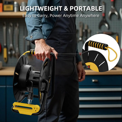 Open Cord Reel Organizer With Four Grounded Outlets And Dual USB Ports For Charging Up To Six Devices, heavy duty