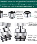 Swivel Faucet Adapter Kit For Garden Hose 360 Degree Rotation Three Quarter Inch GHT Thread Multi Thread Connector For Bathroom Kitchen Portable Washer Balcony Sprinklers No Tools Required Easy Install, brass thread size guide
