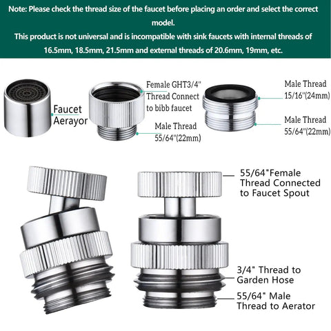 Swivel Faucet Adapter Kit For Garden Hose 360 Degree Rotation Three Quarter Inch GHT Thread Multi Thread Connector For Bathroom Kitchen Portable Washer Balcony Sprinklers No Tools Required Easy Install, brass thread size guide