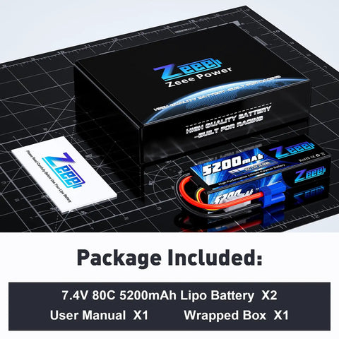 2S LiPo Battery 7.4V 5200mAh 80C Hard Case EC5 Plug Twin Pack with box, battery, and manual on grid background